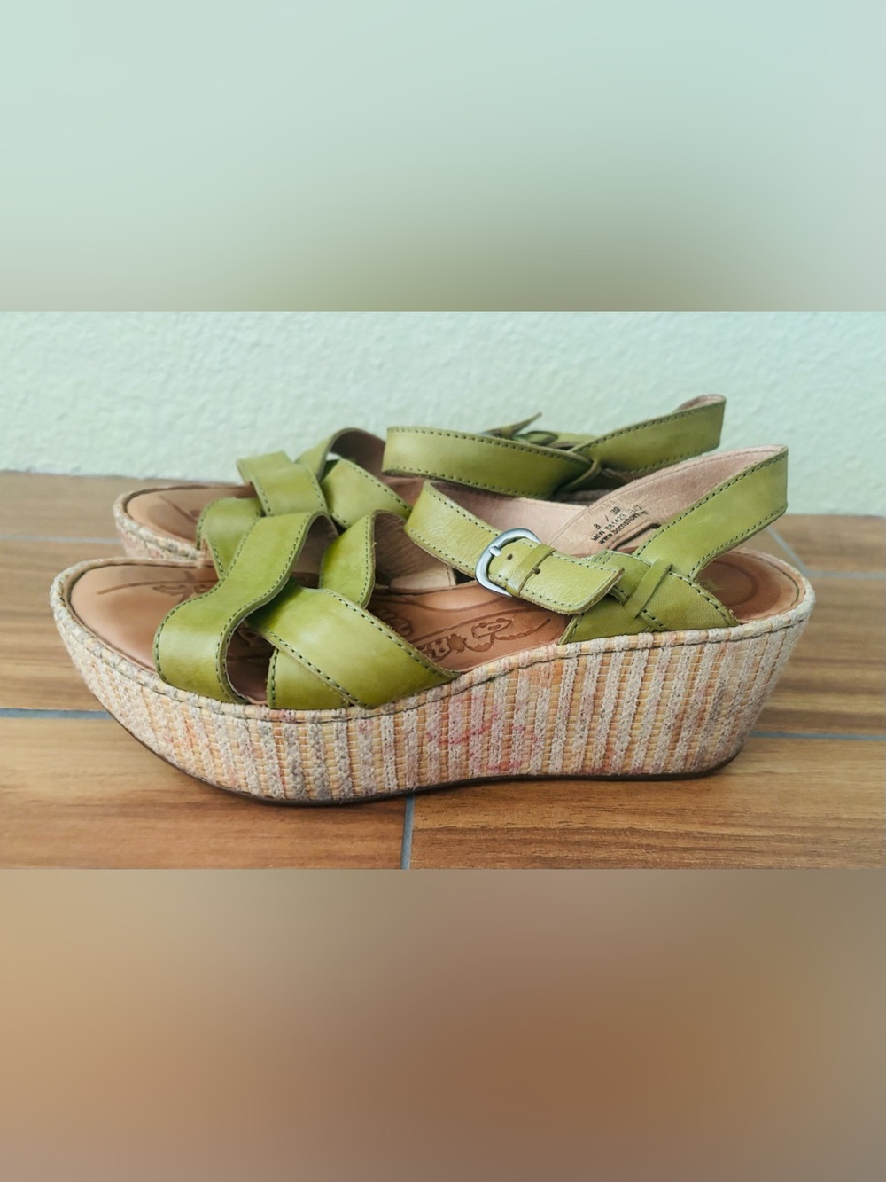 Born  Lime Green Leather "Aruba" Wedge Platform Sandals  Size: 7.5